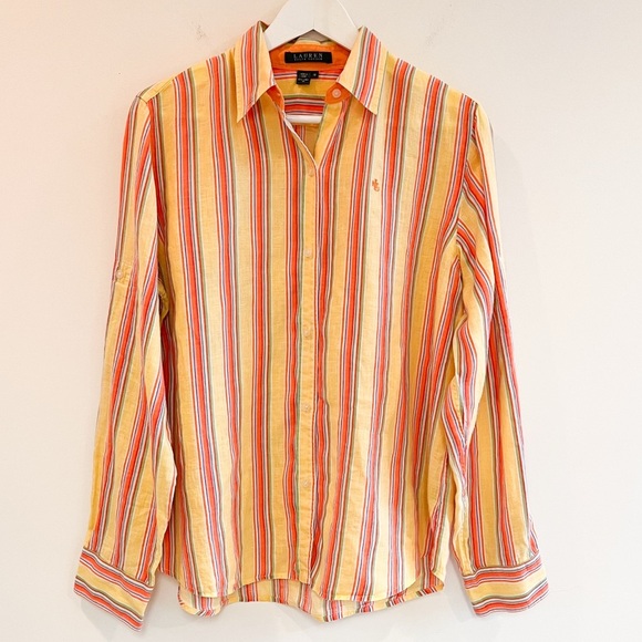 Vintage Lauren Ralph Lauren 100% Linen Yellow Striped Button-Down Size Medium - Picture 1 of 13